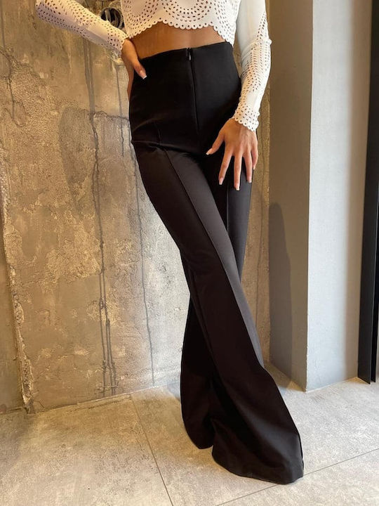 Damen Hoch tailliert Stoff Hose Schlaghose Black