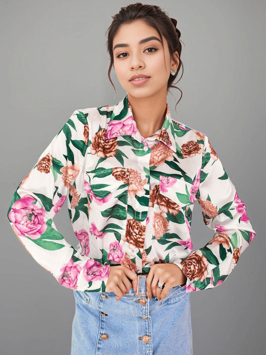 Women's Denim Floral Long Sleeve Shirt White