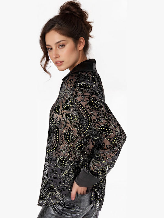 Langärmelig Damen Satin,σατεν Hemd Black Monochrom