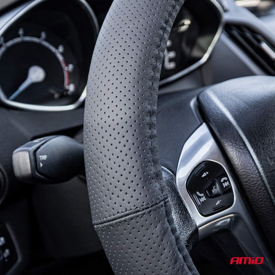 AMiO Car Steering Wheel Cover with Diameter 41-43cm made of Leatherette Black with Black Stitching