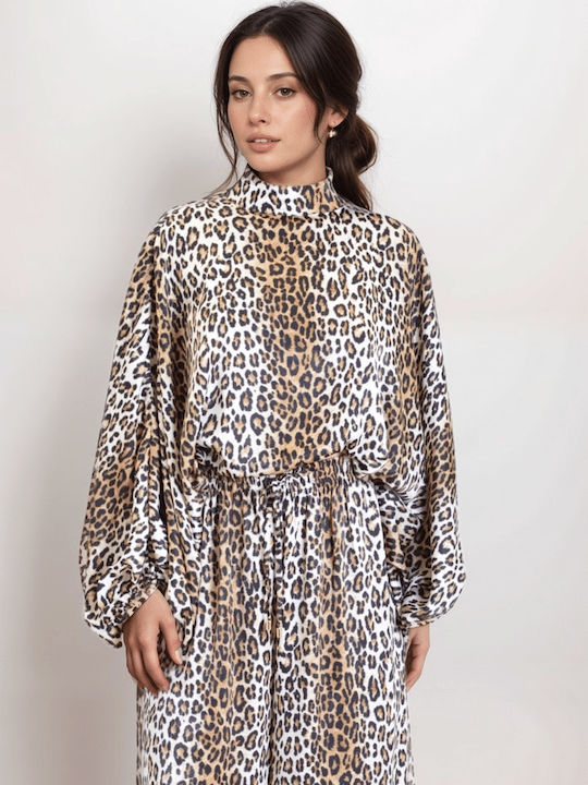 Women's Beige Set with High-waisted Pants with Elastic in Straight Line