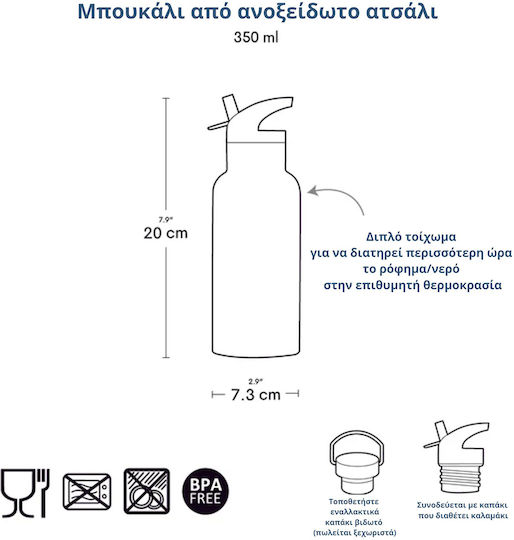 A Little Lovely Company Неръждаема Стомана Детска Бутилка За Вода Термос със Сламка Бежова 350ml