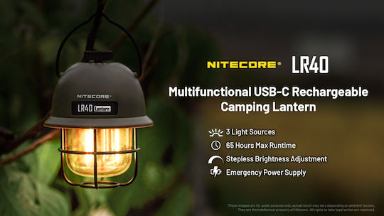 NiteCore LR40 Фенер LED Акумулаторен за Къмпинг с Фенерче и Powerbank 100 Лумена Зелен