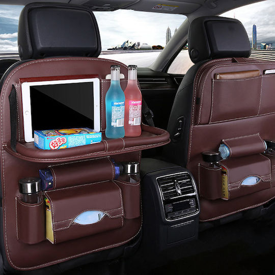 Hurtel Foldable Shelf Mini Car Table Car Back Seat Organizer Brown
