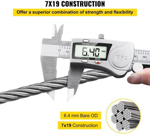 1/4" 304 Stainless Steel Wire Rope Cable 200ft 7x19 Tighter Core Cable