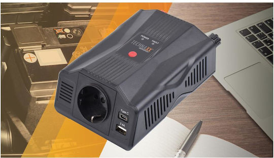 Inversor de tensiune Technaxx Te24 300W 12V intrare 230V ieșire USB-A USB-C negru