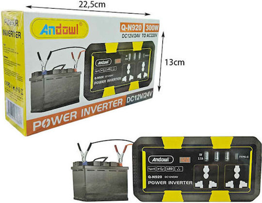 Andowl Qn920 Invertor Auto 300W pentru Convertirea 12V DC în 220V AC cu 3xUSB
