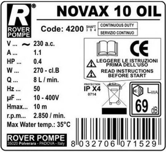 Rover Pompe Novax 10 M Oil Single Phase Transfer Pump with 3/8" Inlet and 0.4hp Horsepower