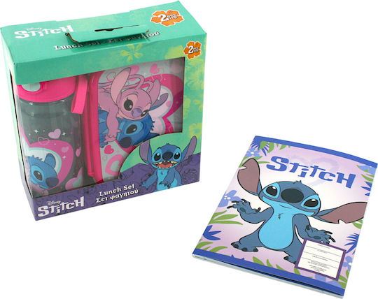 Lilo & Stitch Kinderlebensmittelbehälter Set 3 Stück 800ml & Trinkflasche mit Strohhalm 500ml & Notizbuch Nadel 40 Blatt