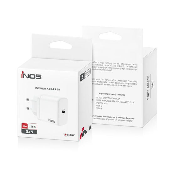 iNOS Charger Without Cable GaN with USB-C Port 35W Power Delivery / Quick Charge 3.0 Whites (A119)