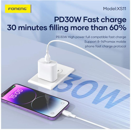 Foneng Braided USB-C to Lightning Cable 30W White 1m