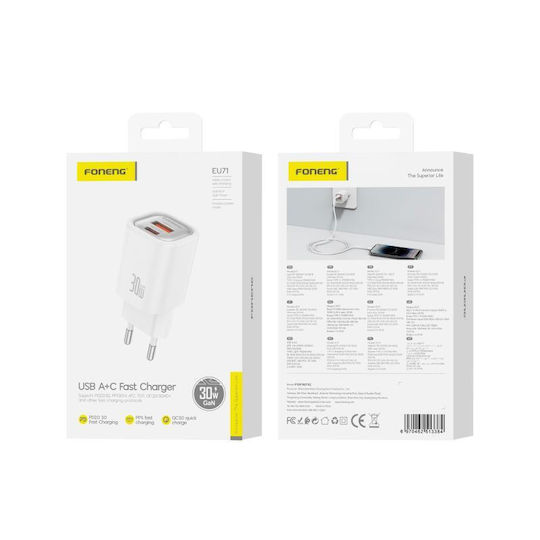 Foneng Charger Without Cable GaN with USB-A Port and USB-C Port 30W Power Delivery Whites (EU71)