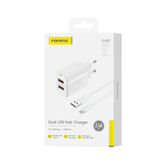 Foneng с 2 USB-A порта и кабел Lightning 12W Бял (EU63)