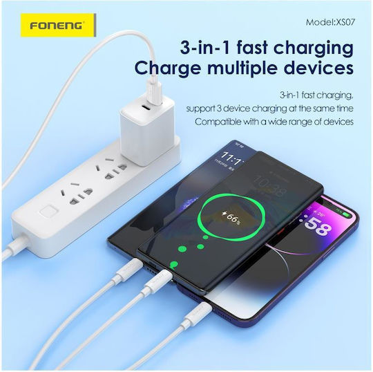 Foneng USB to micro USB / Lightning Cable 3A Μαύρο 1.2m
