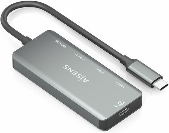 Aisens USB Хъб 4 Порта USB 2.0 с USB-C Интерфейс Ethernet Сив