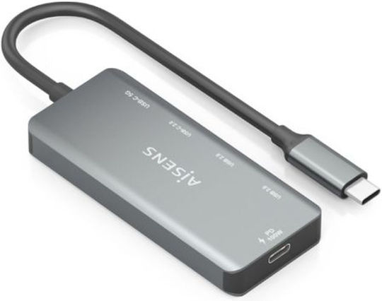 Aisens USB Хъб 4 Порта USB 2.0 с USB-C Интерфейс Ethernet Сив
