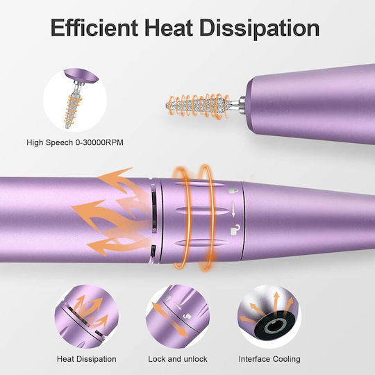 Portable Nail Drill Battery 35W Purple with 30000 Rotations per Minute