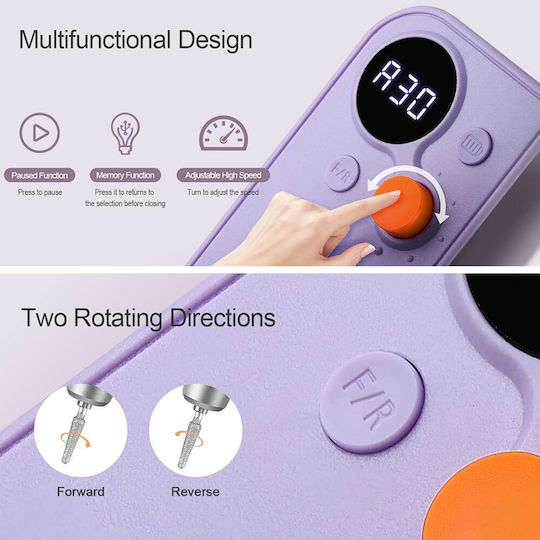 Portable Nail Drill Battery 35W Purple with 30000 Rotations per Minute