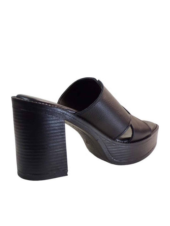 Leather Women's Mules with Chunky High Heel in Black Color