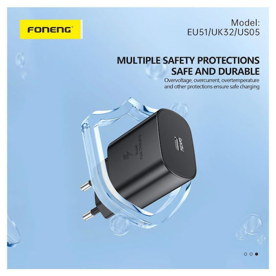 Foneng Charger GaN with USB-C Port and Cable USB-C - USB-C 25W Power Delivery Whites (EU51)