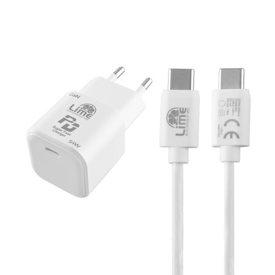 Lime Φορτιστής GaN με Θύρα USB-C και Καλώδιο USB-C - USB-C 54W Power Delivery Λευκός (LTC54W)