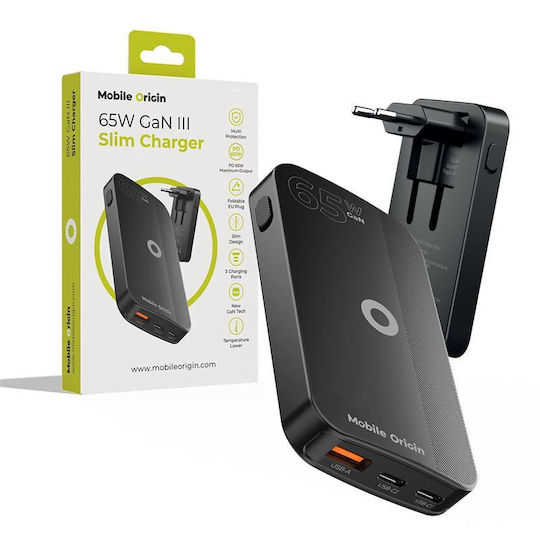 Mobile Origin Φορτιστής Χωρίς Καλώδιο GaN με Θύρα USB-A και 2 Θύρες USB-C 65W Μαύρος