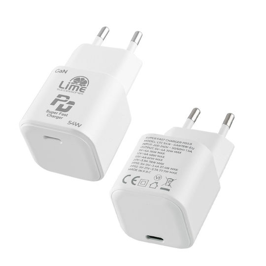 Lime Charger Without Cable GaN with USB-C Port 54W Power Delivery Whites (LTC54W)