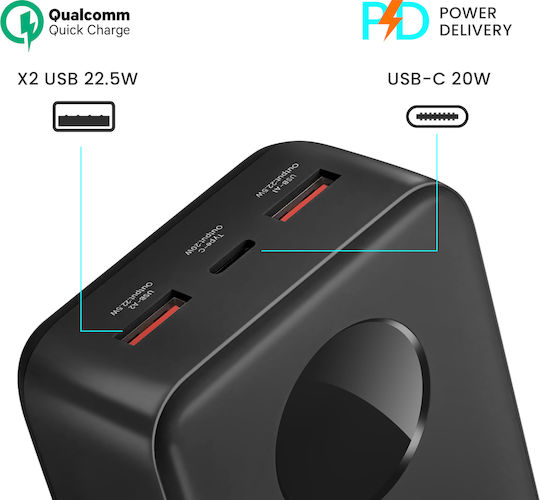 BWOO BO-P64 Power Bank 30000mAh 22.5W με 2 Θύρες USB-A και Θύρα USB-C Μαύρο