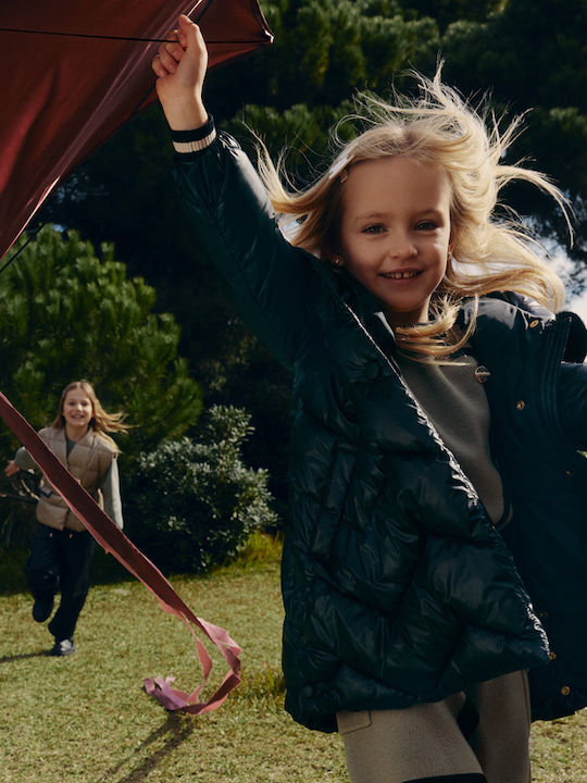 Kids Quilted Long Coat with Hood Black