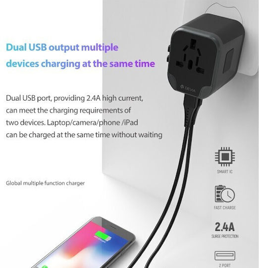 Devia Devia Adaptor pentru Prize Universal în Universal cu 2 Porturi USB