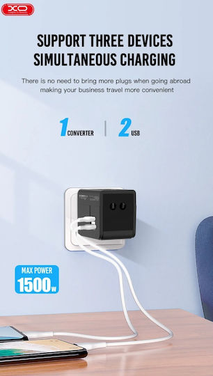 XO WL01 Αντάπτορας Πρίζας από Universal σε Universal με 2 Θύρες USB