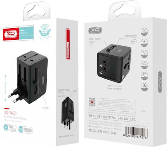 XO WL01 Αντάπτορας Πρίζας από Universal σε Universal με 2 Θύρες USB