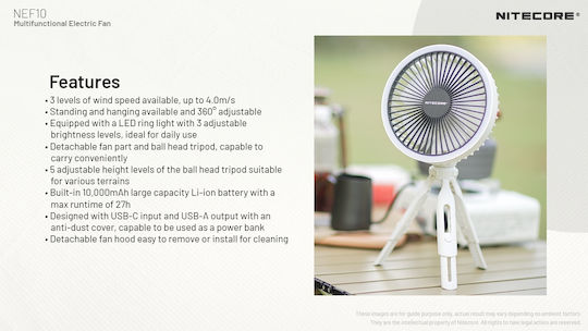 NiteCore NEF10 USB Rechargeable Fan 4W 10.000 mAh Fan White
