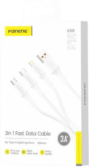Foneng Xs01 Regular USB to Type-C / micro USB / Lightning 1.2m 3A Cable White