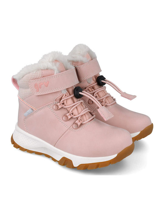 Leather Kids Ankle Boots with Hoop & Loop Closure Pink 251525-B032