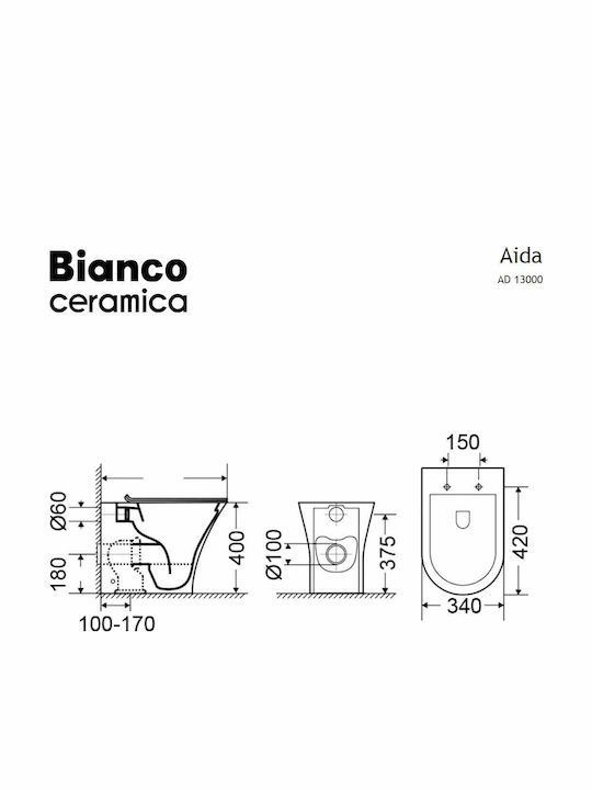 Bianco Ceramica Aida Λεκάνη Δαπέδου Κάτω Σιφόνι Rimless με Slim Κάλυμμα Soft Close Λευκή