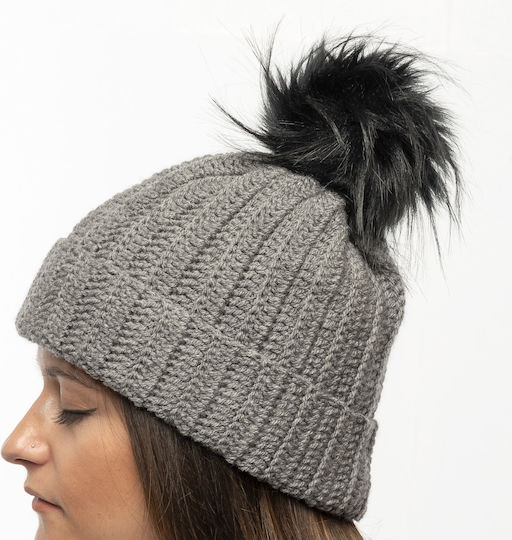 Pom Pom Beanie Γυναικείος Σκούφος Πλεκτός σε Γκρι χρώμα