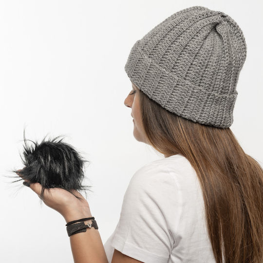 Pom Pom Beanie Γυναικείος Σκούφος Πλεκτός σε Γκρι χρώμα