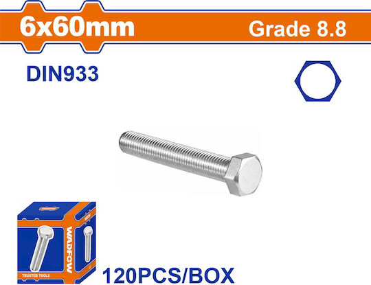 Wadfow Screw Hexagon Galvanized DIN 933 with Diameter M6 and Length 60mm 120pcs