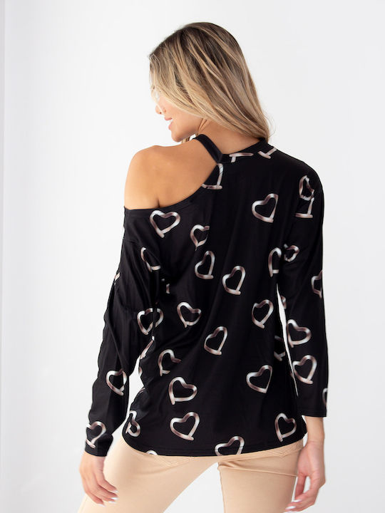 Damen Bluse Baumwolle mit einem Schulter Black