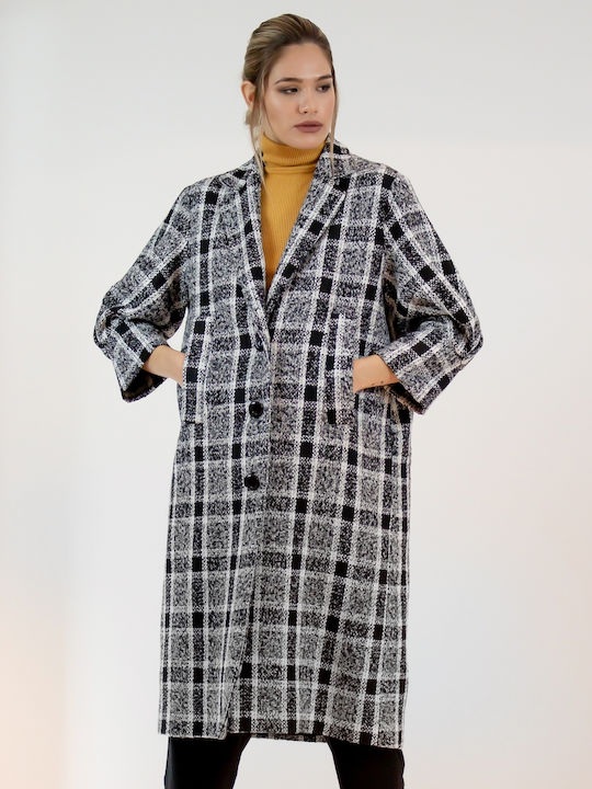Curly Women's Checked Black Coat with Buttons