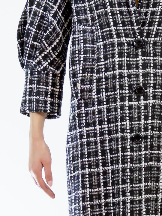 Curly Women's Checked Black Coat with Buttons