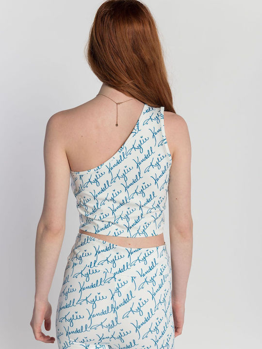 Women's Blouse with One Shoulder White, Blue
