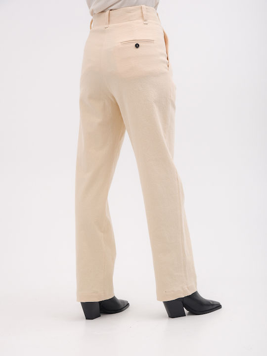 Damen Hoch tailliert Stoff Hose in Lockere Passform Beige