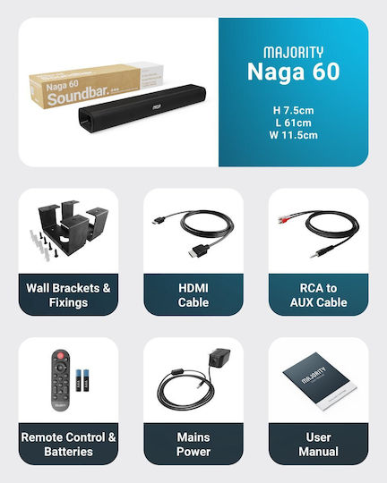 Majority Naga 60 Soundbar 2.1 Bluetooth και HDMI 120W με Τηλεχειριστήριο Μαύρο