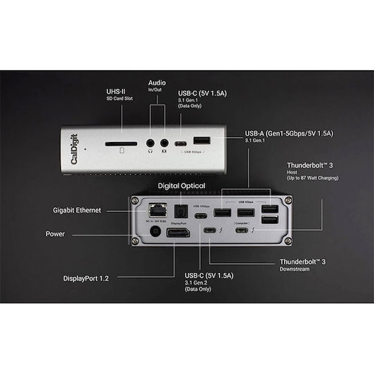 CalDigit TS3 Plus USB-C / USB-A Docking Station με 4K PD Ethernet και σύνδεση 3 Οθονών Γκρι