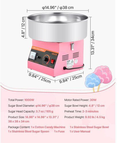 Vevor Commercial Cotton Candy Machine 1000W 3500cm