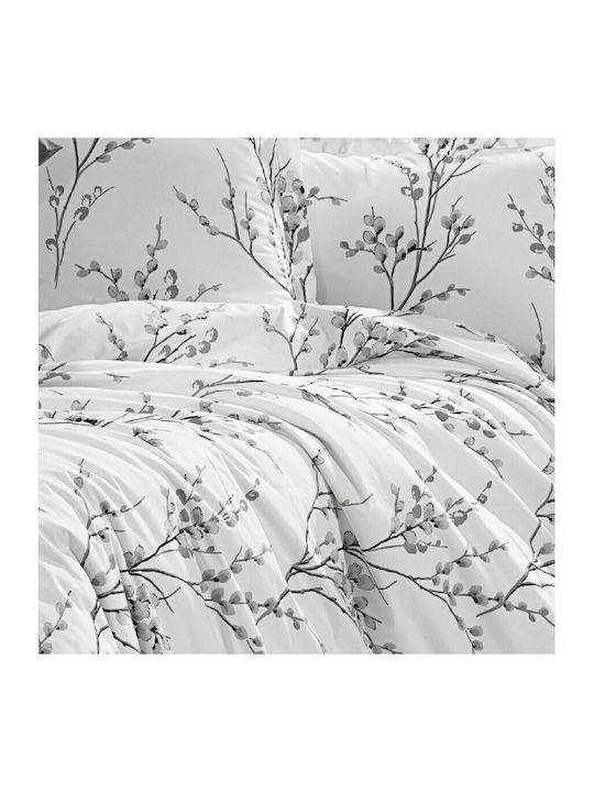 Pucioasa Set Husă de Pilotă Bumbac Semi-dublă cu Față de Pernă & 1 Cearsaf 180x220 Gray Twig And Bud
