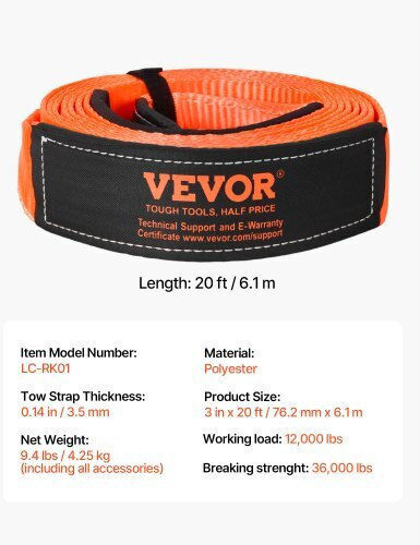 Vevor Car Towing Strap 6.1m In Orange Colour