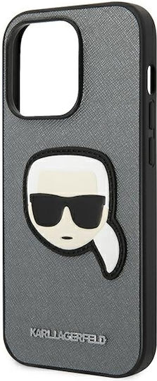 Karl Lagerfeld Saffiano With Karl Head Patch Umschlag Rückseite Silikon Silber (iPhone 14 Pro Max)